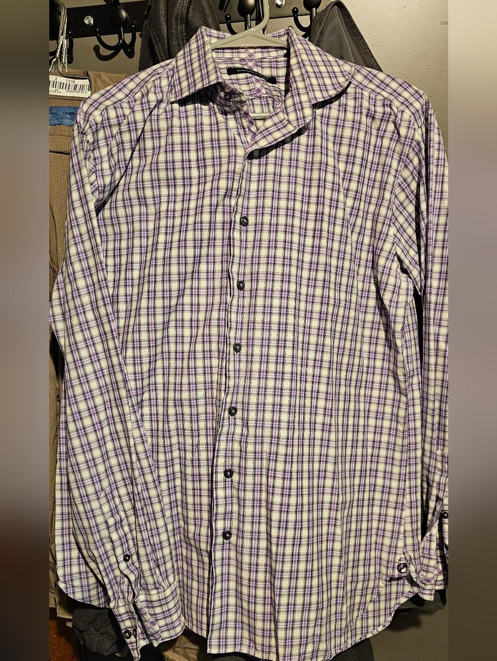 Men’s Purple & White Plaid Dress Shirt — Long Sleeve Button-Up